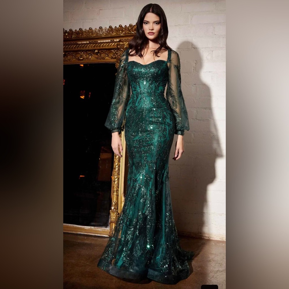 Off-shoulder Bishop Sleeved Mermaid Silhouette by Cinderella Divine emerald